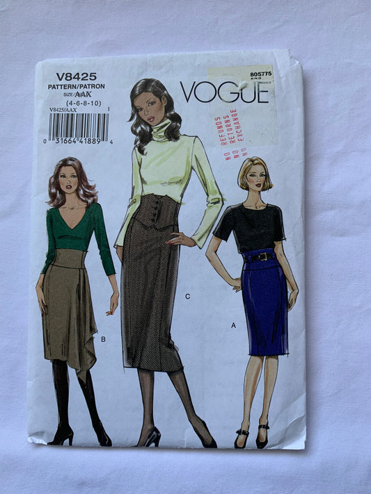 Vogue Sewing Pattern V8425 Misses' Skirt, 3 Variations, Two Lengths, High Waist, Zipper Back, Semi-Fitted, Size 4-10, Uncut, 2007