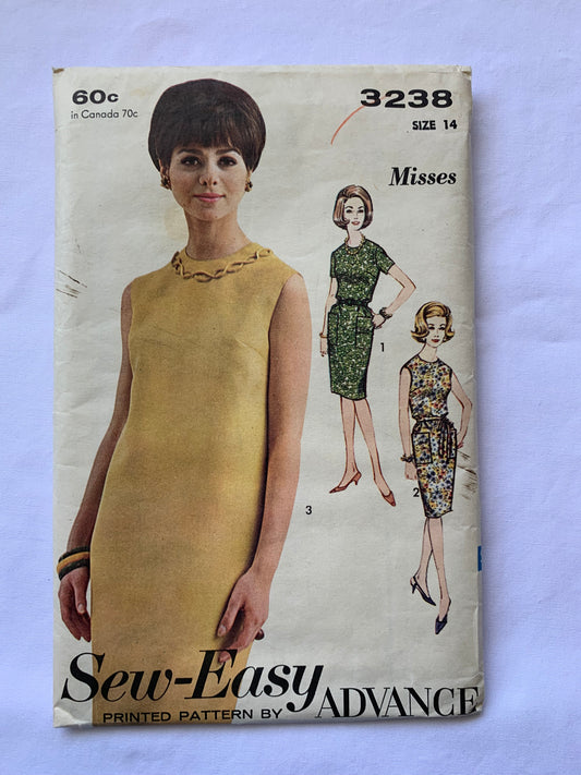 Advance Sewing Pattern 3238 Misses' Dresses, 3 Variations, Sleeveless, Short Sleeves, Pockets, Darts, Zipper Back, Size 14, Uncut, Vintage 1950