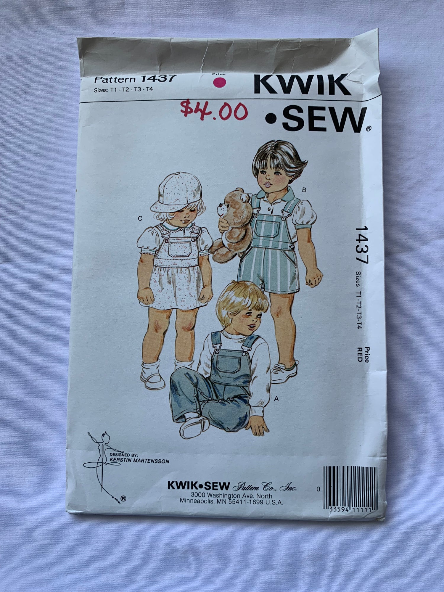 KWIK Sewing Pattern 1437 Toddlers' Overalls, Skirt, Two Lengths, Pockets, Shoulder Straps, Buckles, Bib, Snap Crotch, Size 1-4, Uncut, Vintage 1985