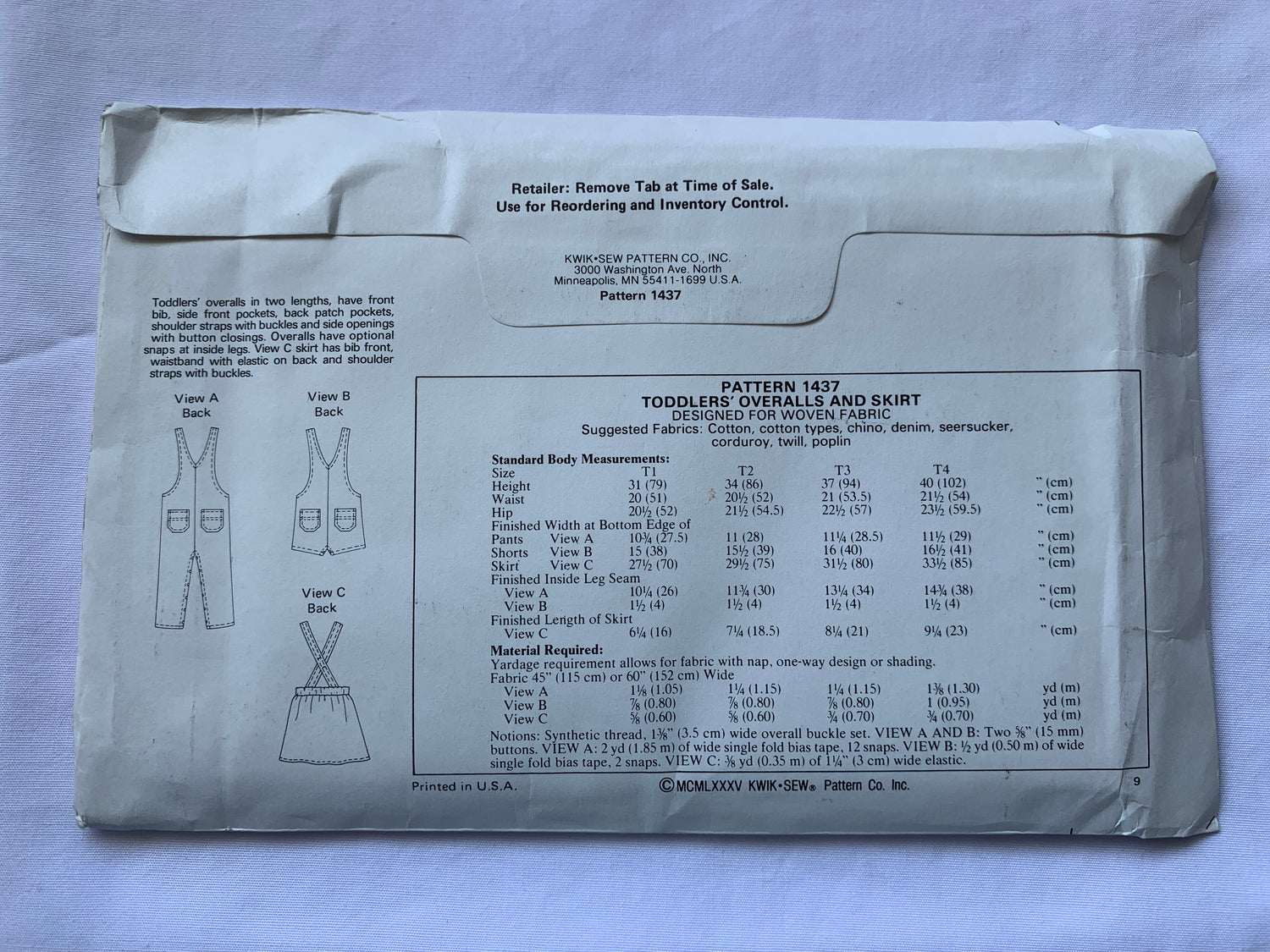 KWIK Sewing Pattern 1437 Toddlers' Overalls, Skirt, Two Lengths, Pockets, Shoulder Straps, Buckles, Bib, Snap Crotch, Size 1-4, Uncut, Vintage 1985