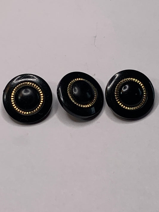 Vintage 3 Round Plastic Buttons, Shank, Black, 1.4 cm, New/Old Stock