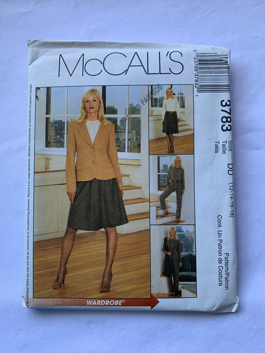 McCall's Sewing Pattern 3783 Misses'/Miss Petite Lined Jacket, Coat, Top, Skirt, Pants, Two Lengths, Pockets, Collar, Zipper Back, Button Front, Size 12-18, Uncut, 2002