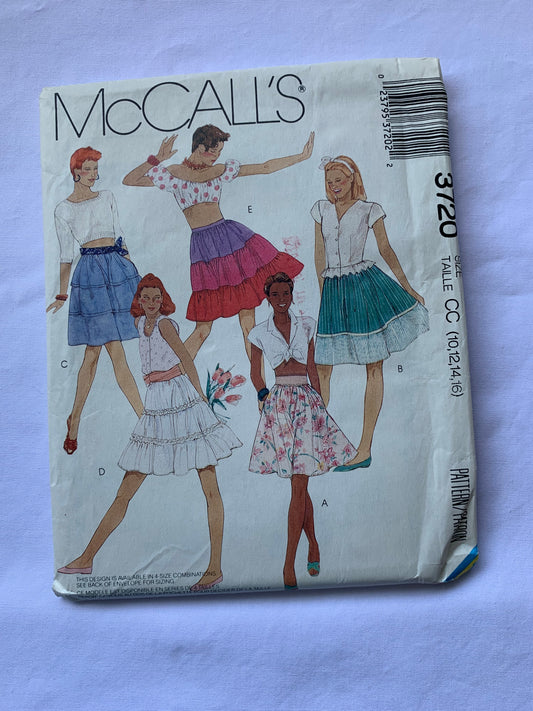 McCall's Sewing Pattern 3720 Misses' Skirt, Elastic Waist, Tiers, 5 Variations, Pockets, Ruffles, Uncut, Size 10-16, Vintage 1988