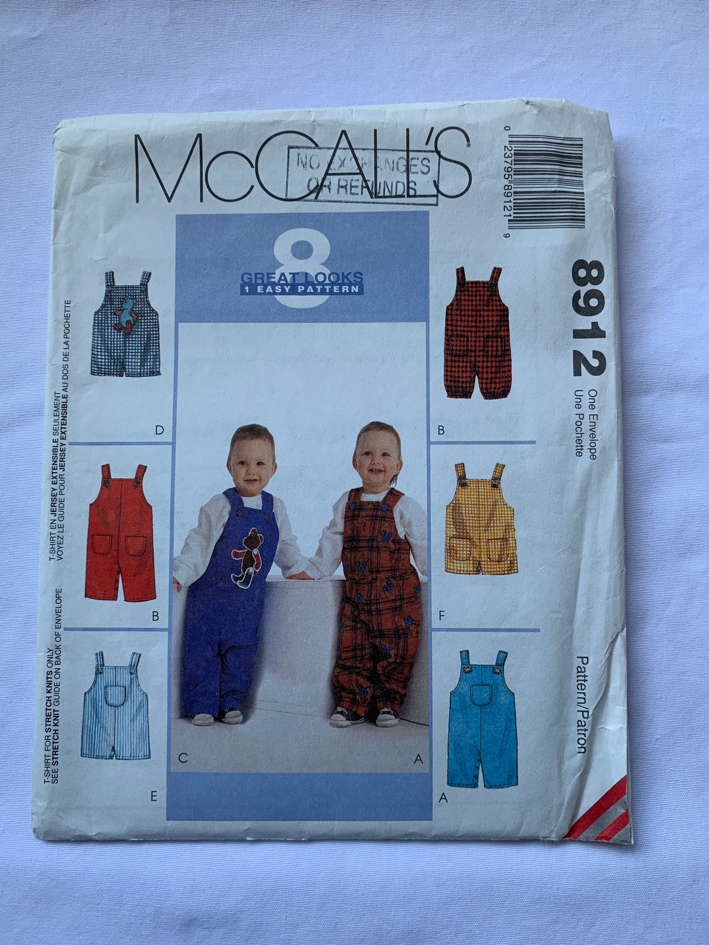 McCall's Sewing Pattern 8912 Toddlers'/Infants' Overalls, T-Shirt, Pullover, Snap Crotch, Two Lengths, Pockets, Applique, Long/Short Sleeves, Size 13-24 Pounds, Uncut, Vintage 1997