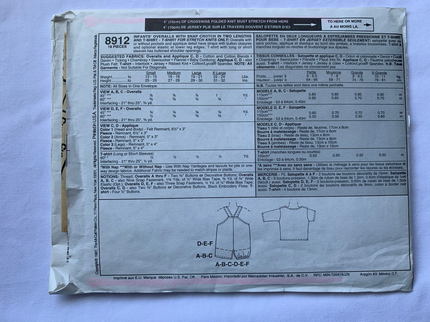 McCall's Sewing Pattern 8912 Toddlers'/Infants' Overalls, T-Shirt, Pullover, Snap Crotch, Two Lengths, Pockets, Applique, Long/Short Sleeves, Size 13-24 Pounds, Uncut, Vintage 1997