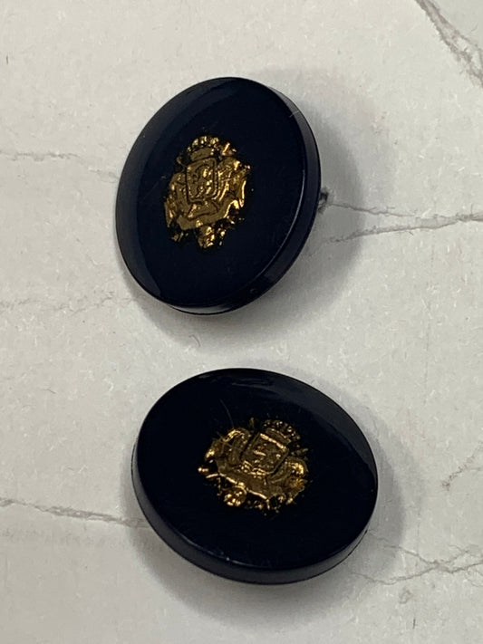 Vintage 2 Round Plastic Buttons, Shank, Black, 1.5 cm, New/Old Stock