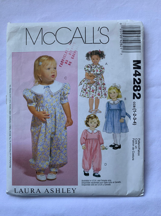 McCall's Sewing Pattern M4282 Toddlers Dress, Jumpsuits, Snap Crotch, Collar, Long/Short Sleeves, Tie Back, Button Back, Size 1-4, Uncut, 2000