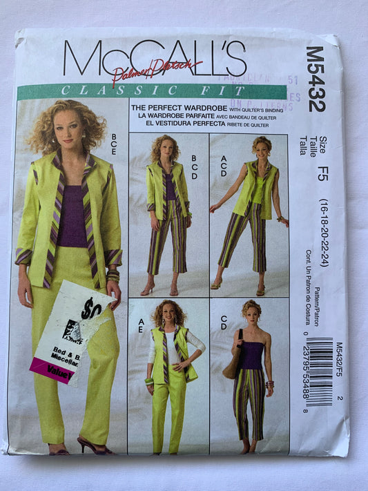 McCall's Sewing Pattern M5432 Misses' Vest, Jacket, Top, Pants, Two Lengths, Unlined, Collar, Zipper Back, Darts, Size 16-24, Uncut, 2007