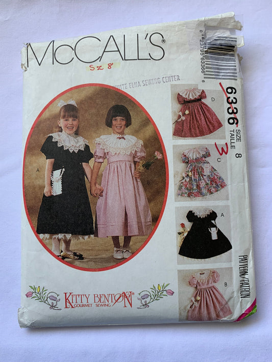 McCall's Sewing Pattern 6336 Girls' Dresses, Petticoat, Detachable Collar, Bag, High Waist, Short Sleeves, Pull-On, Size 8, Uncut, Vintage 1993
