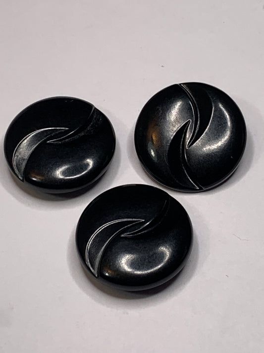 Vintage 3 Round Plastic Buttons, Shank, Black, 2.2 cm, New/Old Stock