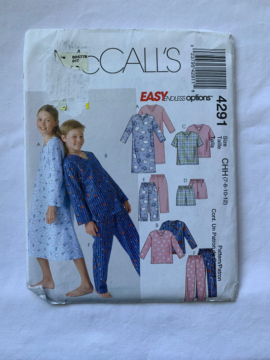 McCalls Sewing Pattern 4291 Boys'/Girls' Sleepwear, Pajamas, Top, Shorts, Pants, Elastic Waist, Pull-On, Long/Short Sleeves, Pullover, Size 7-12, Uncut, 2003