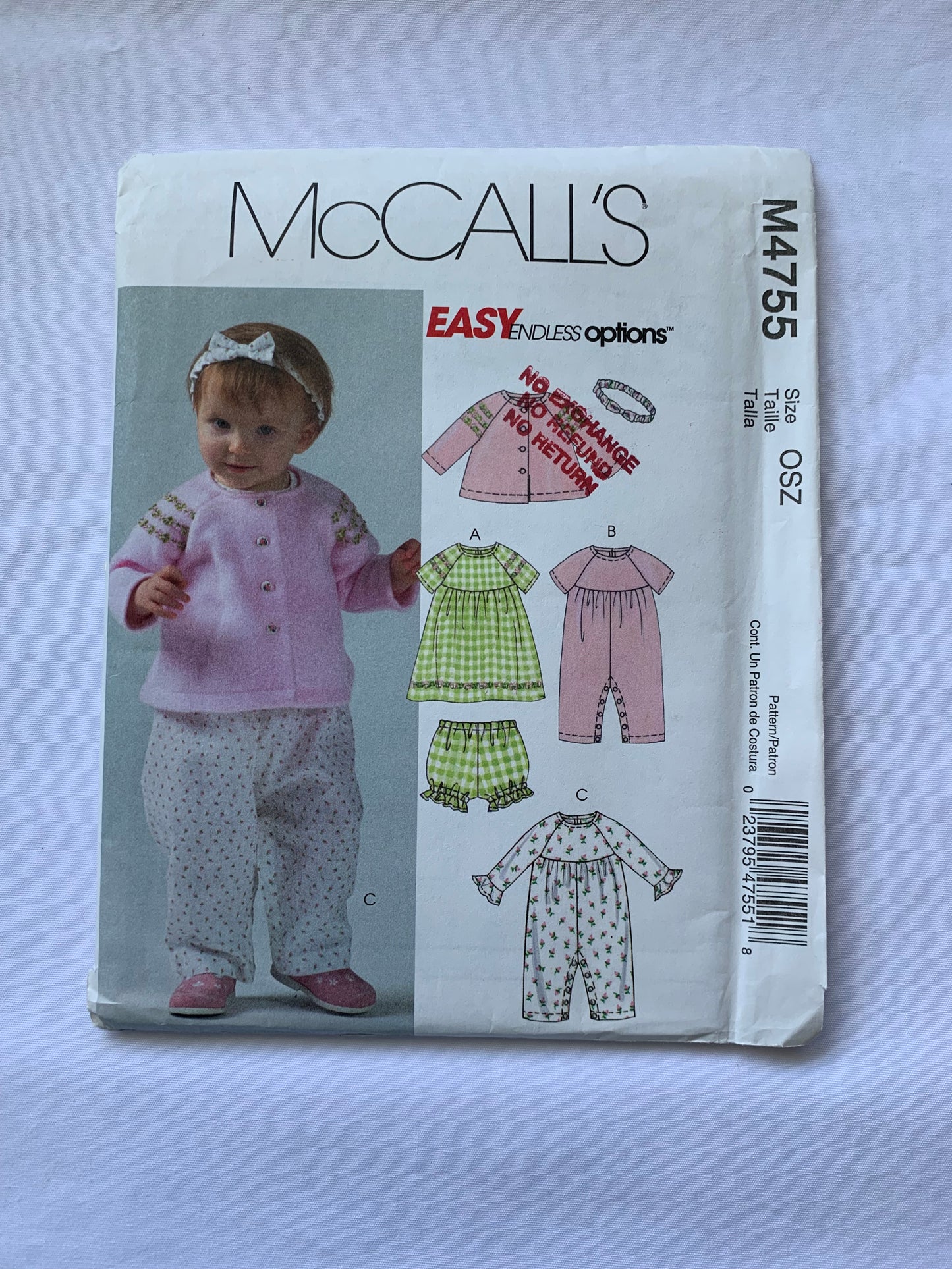 McCall's Sewing Pattern M4755 Infants' Jacket, Dress, Panties, Snap Crotch, Button Front, Long/Short Sleeves, Jumpsuit, Headband, Size S-XL, Uncut, 2005