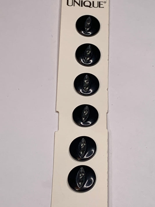Vintage 6 Round Plastic Buttons, Two Holes, Black, 1.0 cm, New/Old Stock