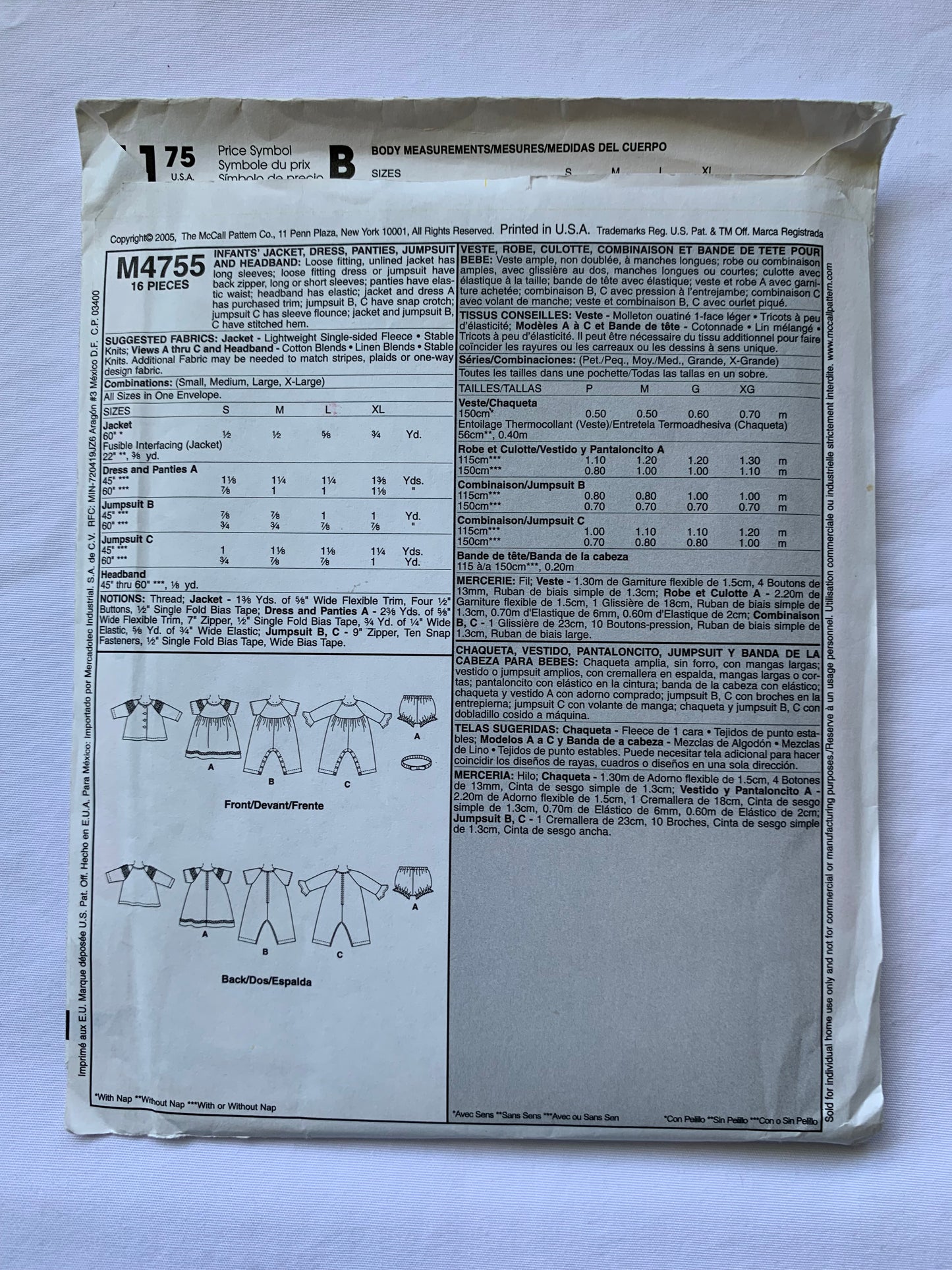 McCall's Sewing Pattern M4755 Infants' Jacket, Dress, Panties, Snap Crotch, Button Front, Long/Short Sleeves, Jumpsuit, Headband, Size S-XL, Uncut, 2005
