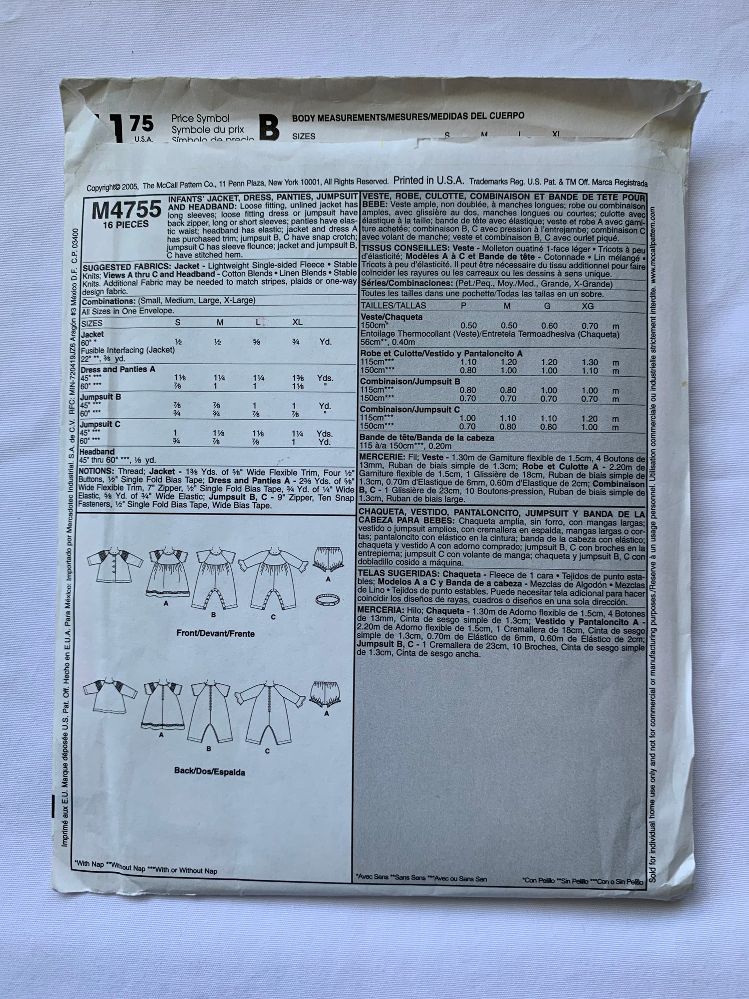McCall's Sewing Pattern M4755 Infants' Jacket, Dress, Panties, Snap Crotch, Button Front, Long/Short Sleeves, Jumpsuit, Headband, Size S-XL, Uncut, 2005