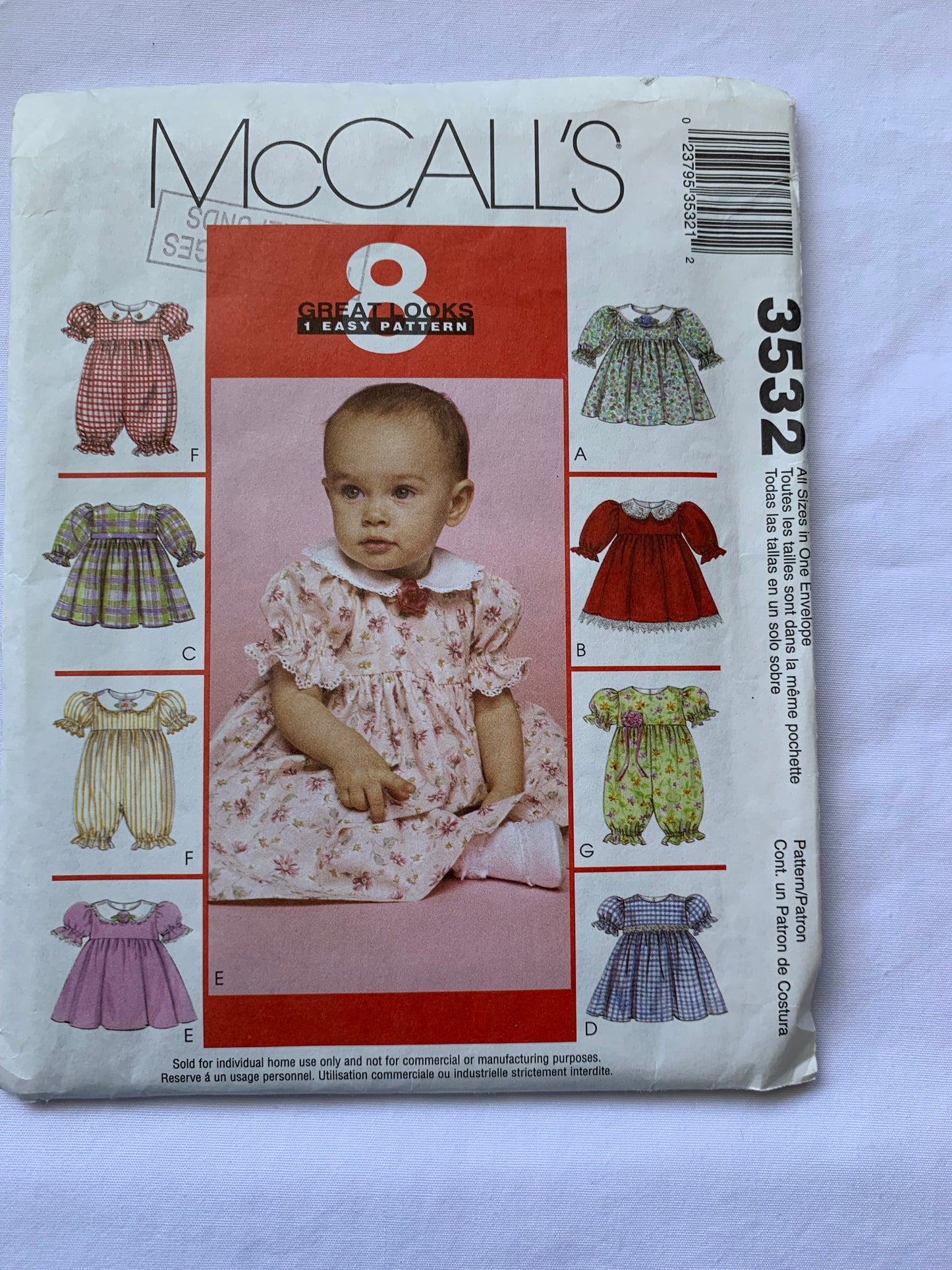 McCall's Sewing Pattern 3532 Infants' Dress, Rompers, Snap Crotch, Panties, Raised Waist, Long/Short Sleeves, Elastic Waist, Size 12-24 Pounds, Uncut, 2002