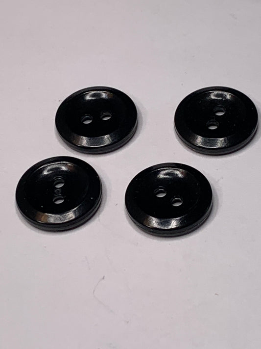 Vintage 4 Round Plastic Buttons, Two Holes, Black, 1.5 cm, New/Old Stock