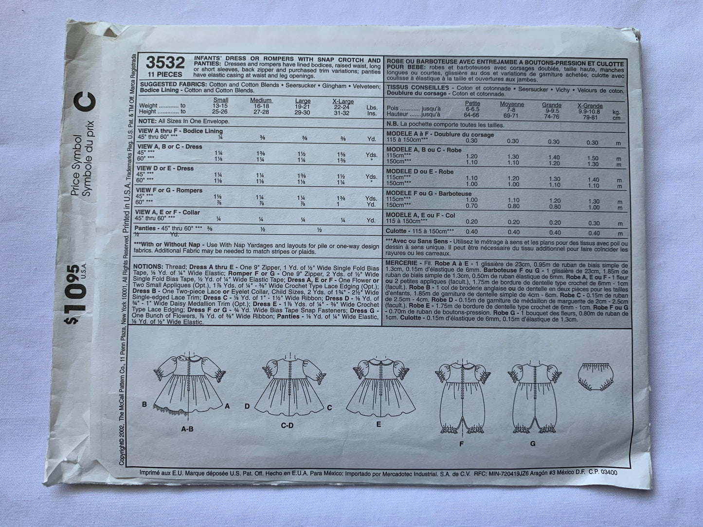 McCall's Sewing Pattern 3532 Infants' Dress, Rompers, Snap Crotch, Panties, Raised Waist, Long/Short Sleeves, Elastic Waist, Size 12-24 Pounds, Uncut, 2002