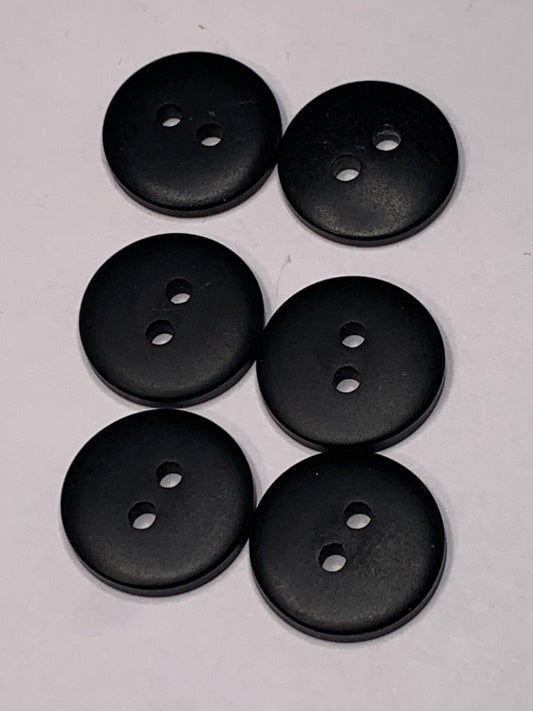 Vintage 6 Round Plastic Buttons, Two Holes, Black, 1.5 cm, New/Old Stock