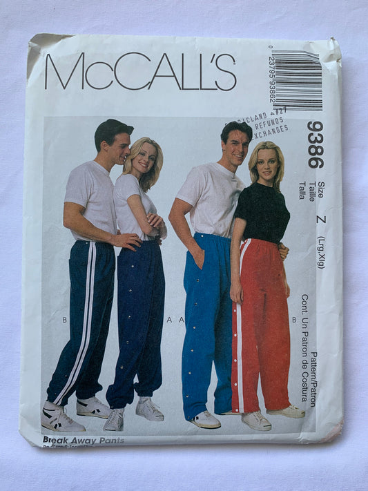 McCall's Sewing Pattern 9386 Misses'/Men's Lined/Unlined Snap-Off Pants. Pockets, Elastic Waist, Size 40-46, Uncut, Vintage 1998