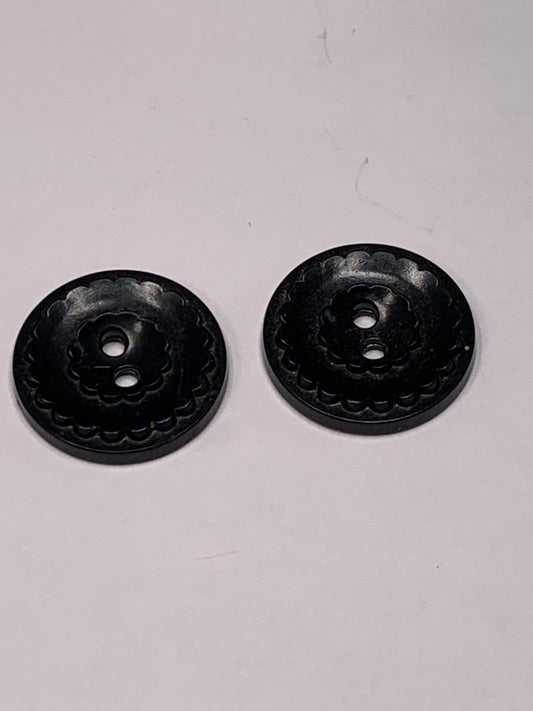 Vintage 2 Round Plastic Buttons, Two Holes, Black, 2.0 cm, New/Old Stock