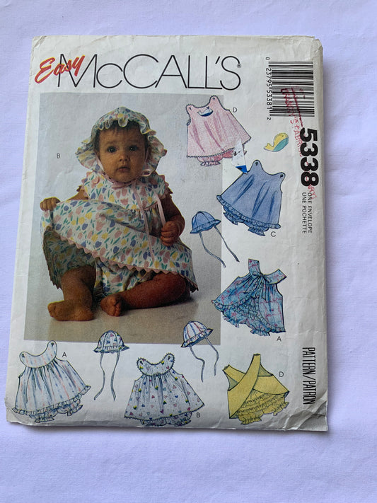 McCall's Sewing Pattern 5338 Infant/Babies Sundresses, Panties, Lined Bonnet, Toy, Sleeveless, Elastic Waist, Shoulder Buttons, Ruffles, Size 14-26 Pounds, Uncut, Vintage 1991