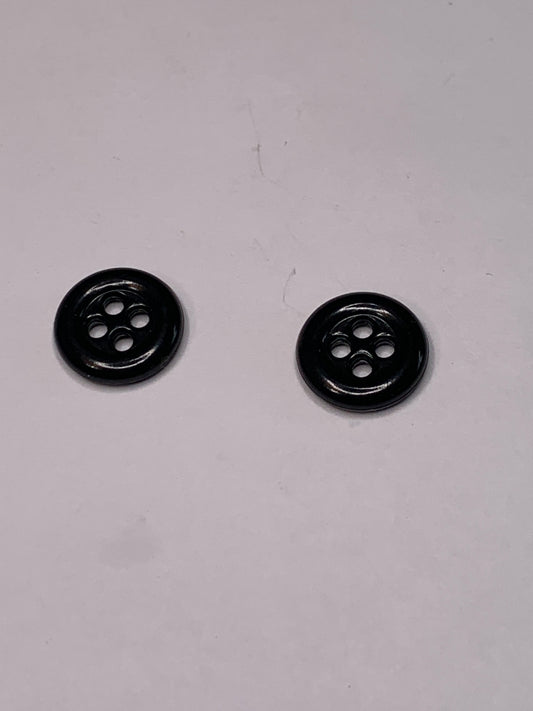 Vintage 2 Round Plastic Buttons, Four Holes, Black, 1.2 cm, New/Old Stock