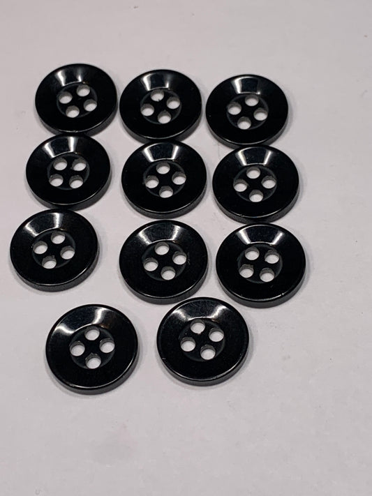 Vintage 11 Round Plastic Buttons, Four Holes, Black, 1.2 cm, New/Old Stock