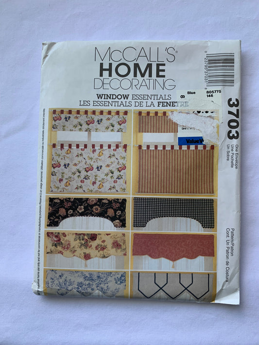 McCall's Home Decorating Sewing Pattern 3703 Window Coverings, Curtains, Reversible Valances, Cafe, 4 Variations, Uncut, 2002