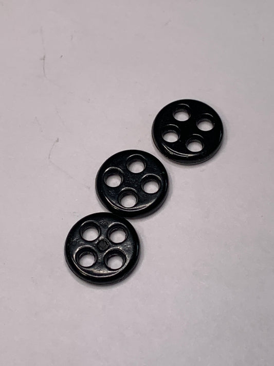 Vintage 3 Round Plastic Buttons, Four Holes, Black, 1.2 cm, New/Old Stock