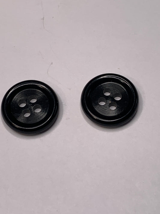 Vintage 2 Round Plastic Buttons, Four Holes, Black, 1.5 cm, New/Old Stock