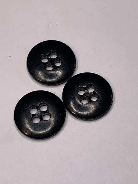Vintage 3 Round Plastic Buttons, Four Holes, Black, 1.8 cm, New/Old Stock