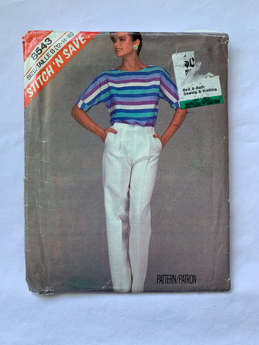 McCall's Sewing Pattern Stitch 'n Save 8543 Misses' Top, Tapered Pants, Pockets, Elastic Waist, Pullover, Short Sleeves, Size 12-16, Uncut, Vintage 1983