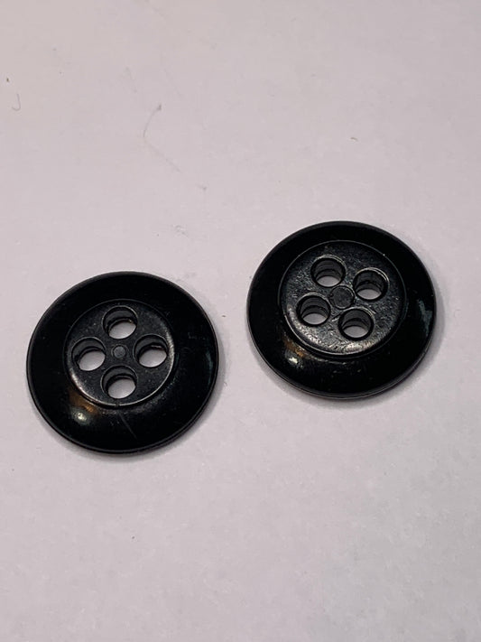 Vintage 2 Round Plastic Buttons, Four Holes, Black, 1.8 cm, New/Old Stock