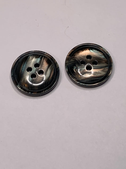 Vintage 2 Round Plastic Buttons, Four Holes, Black, 2.0 cm, New/Old Stock