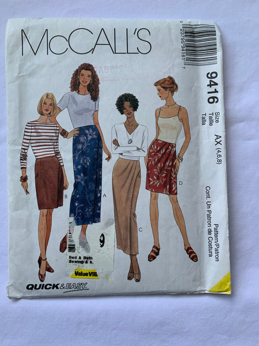 McCall's Sewing Pattern 9416 Misses' Mock Wrap Skirt, Two Lengths, Darts, Zipper Back, Pleats, Size 4-8, Uncut, Vintage 1998