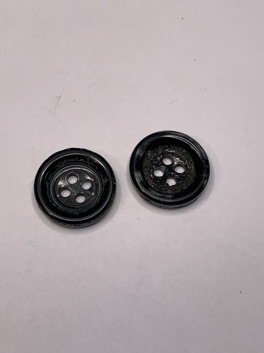 Vintage 2 Round Plastic Buttons, Four Holes, Black, 2.0 cm, New/Old Stock