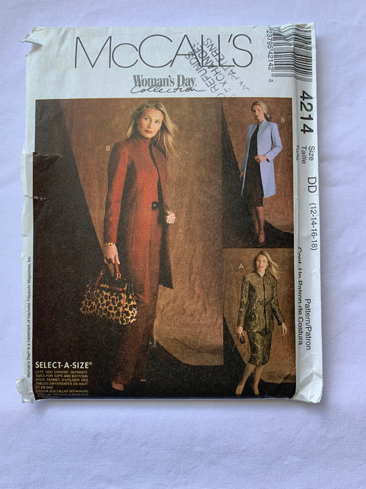 McCall's Sewing Pattern 4214 Misses'/Miss Petite Lined Jacket, Long Sleeves, Skirt, Pants, Two Lengths, Zipper Back, Shoulder Pads, Size 12-18, Uncut, 2003