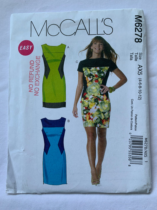 McCall's Sewing Pattern M6278 Misses' Lined Dress, Tapered, Zipper Back, Short Sleeves, Sleeveless, Size 4-12, Uncut, 2011