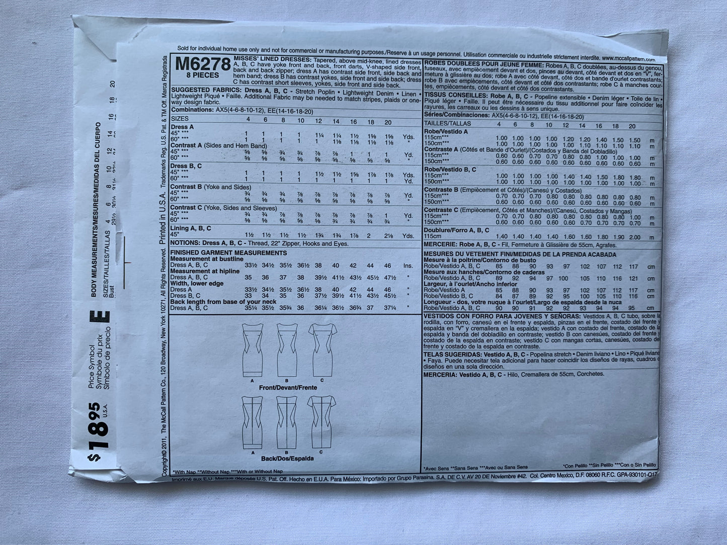 McCall's Sewing Pattern M6278 Misses' Lined Dress, Tapered, Zipper Back, Short Sleeves, Sleeveless, Size 4-12, Uncut, 2011