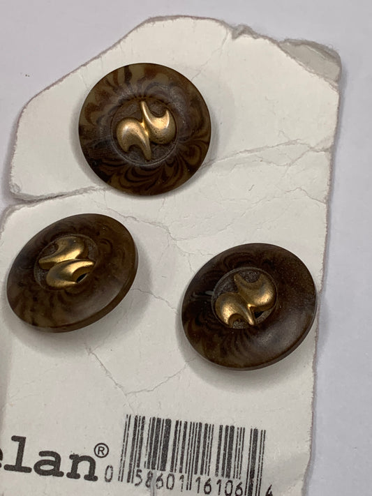 Vintage 3 Round Plastic Buttons, Shank, Brown, 1.8 cm, New/Old Stock