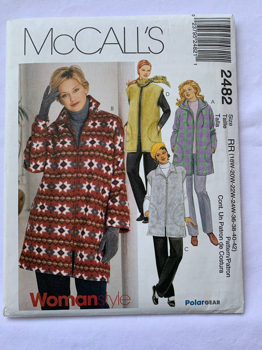 McCall's Sewing Pattern 2482 Misses' Unlined Jacket, Vest, Oversized, Zipper Front, Pockets, Side Slits, Hood, Collar, Long Sleeves, Sleeveless, Size 18W-24W, Uncut, Vintage 1999
