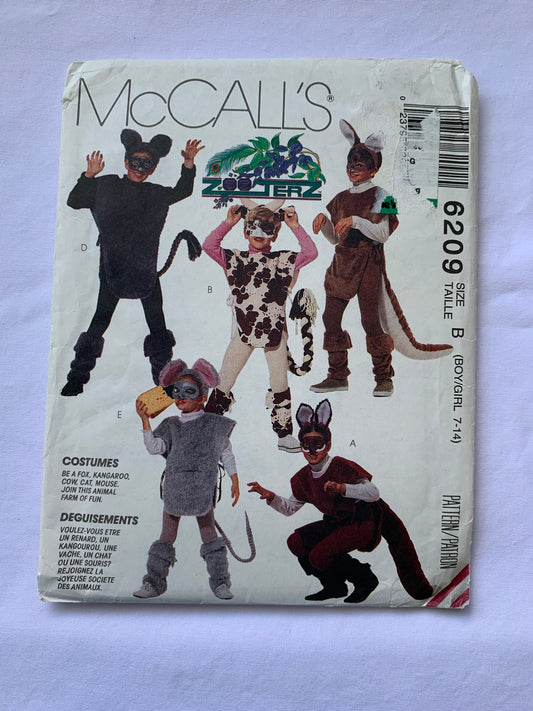 McCall's Sewing Pattern 6209 Children's/Boy's/Girls' Costumes, Halloween, Dress-Up, Fox, Kangaroo, Cow, Cat, Mouse, Animals, Size 7-14, Uncut, Vintage 1992