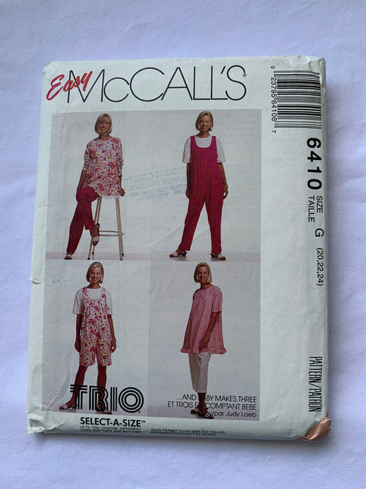 McCall's Sewing Pattern 6410 Misses' Maternity Tunic, Jumpsuit, Two Lengths, Pants, Size 20-24, Uncut, Vintage 1993