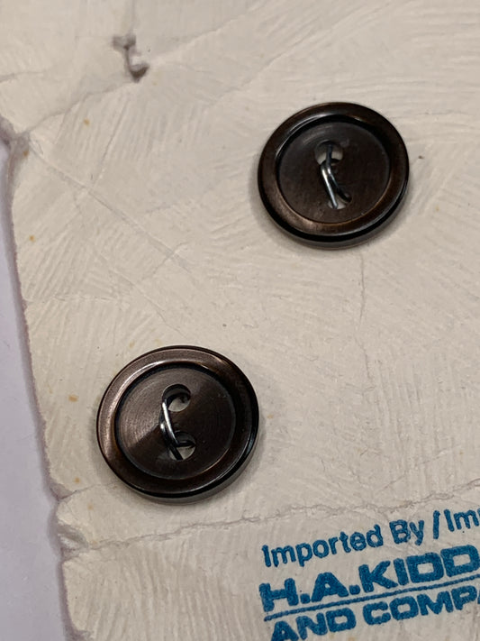 Vintage 2 Round Plastic Buttons, Two Holes, Brown, 1.1 cm, New/Old Stock