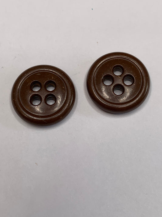 Vintage 2 Round Plastic Buttons, Four Holes, Brown, 1.5 cm, New/Old Stock