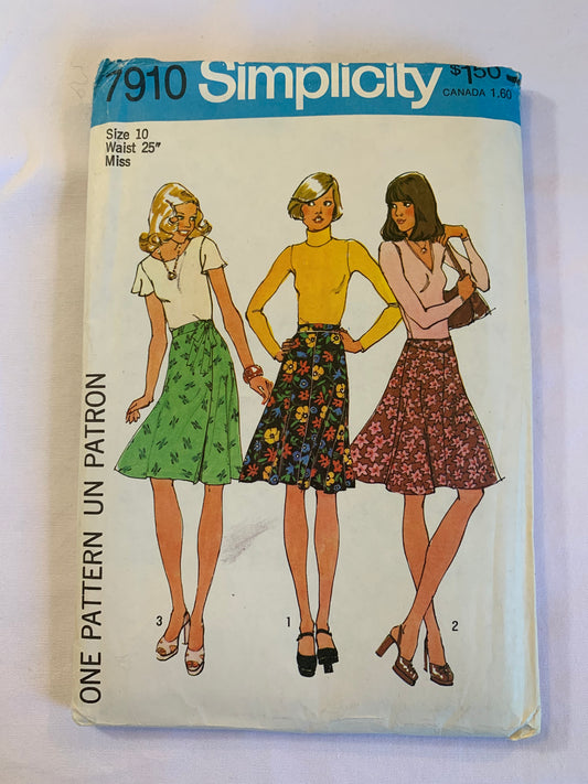 Simplicity Sewing Pattern 7910 Misses' Skirt, Zipper Back, 3 Variations, Front Wrap, Tie Ends, Full Skirt, Size 10, Uncut, Vintage 1977