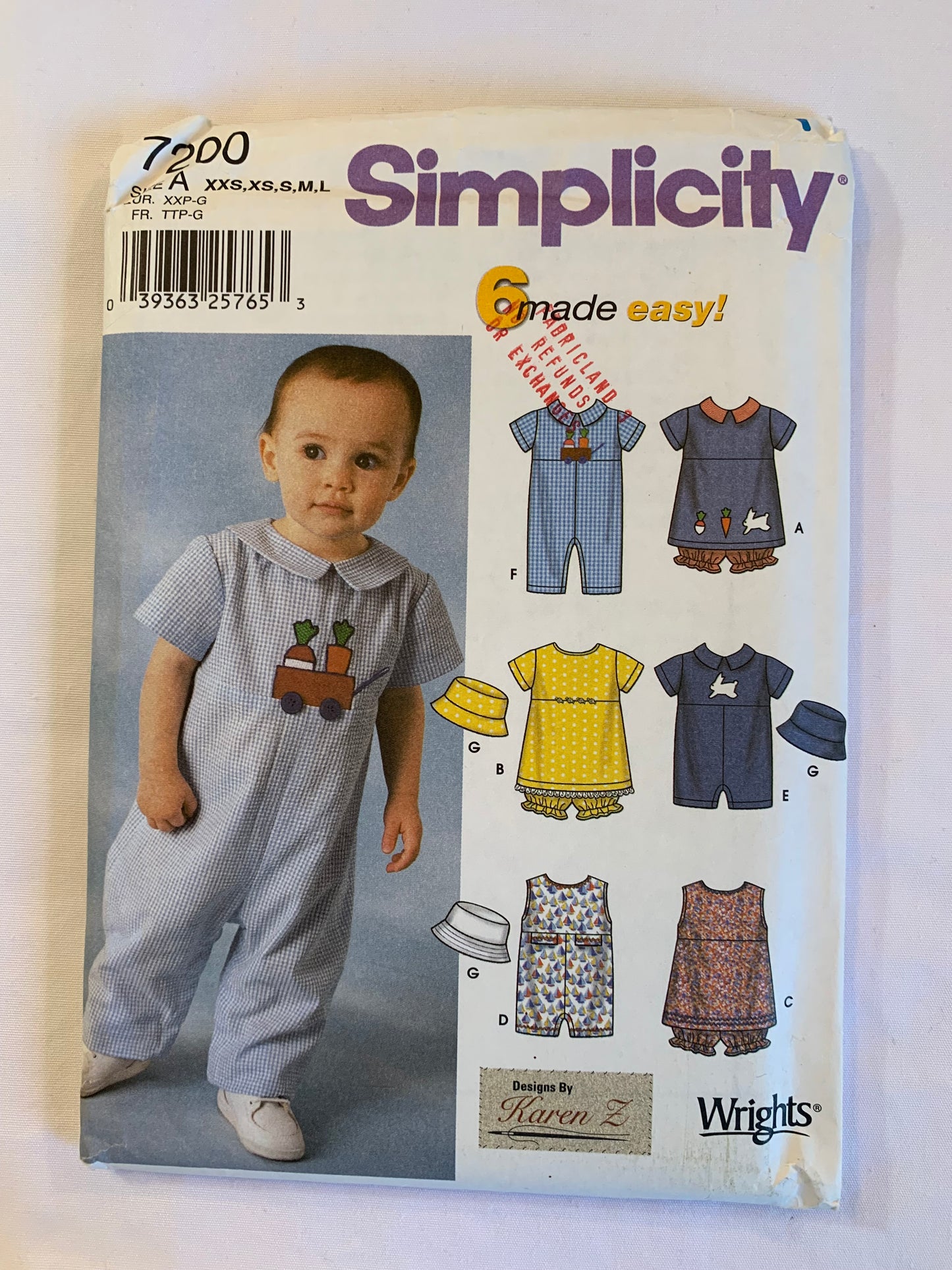 Simplicity Sewing Pattern 7200 Babies/Infants, Dress, Panties, Collar, 3 Size Hats, Short Sleeves, Sleeveless, Button Back, Elastic Waist, , Size 7-24 Pounds, Uncut, 2002