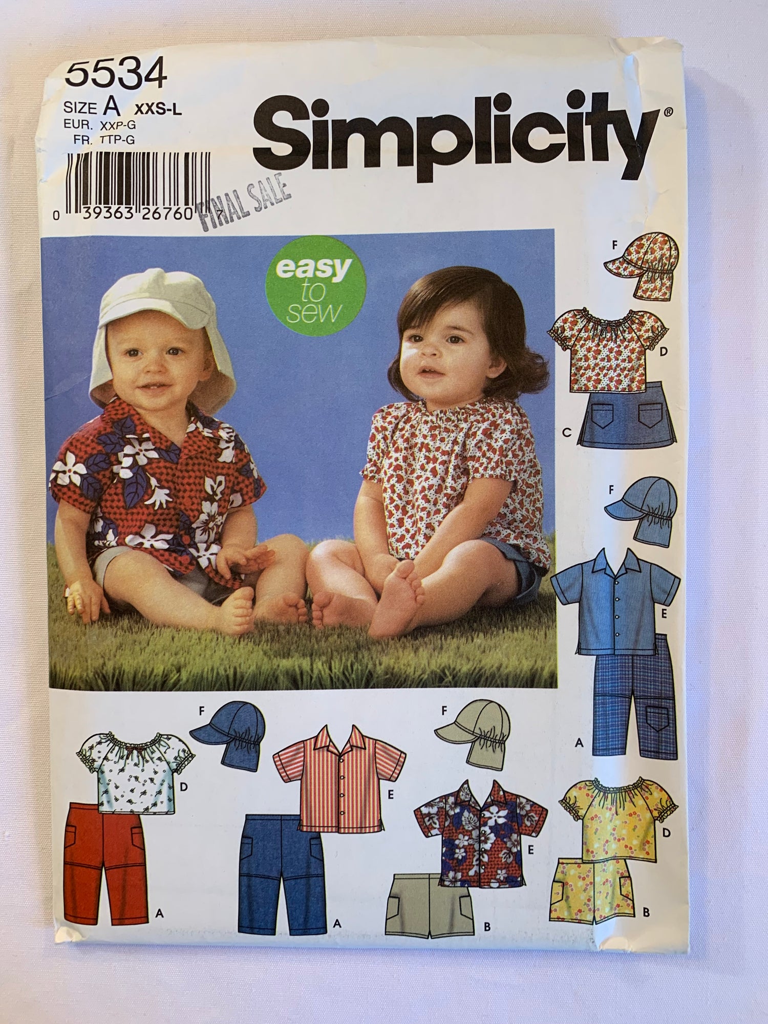 Simplicity Sewing Pattern 3656 Babies Pants, Shorts, Skort, Shirt, Pullover Top, Cap In 3 Sizes, Pockets, Short Sleeves, Two Lengths, Sizes 7-24 Pounds, Uncut, 2003