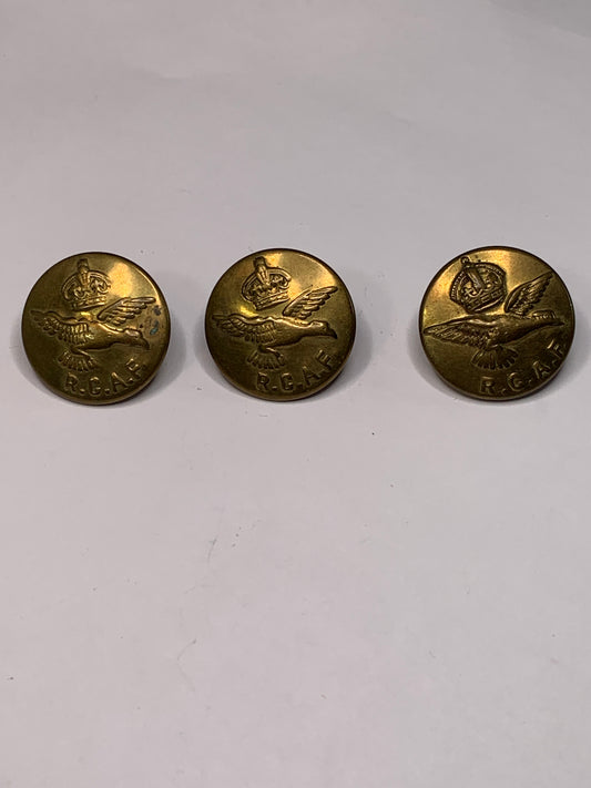 Vintage 3 Round Royal Canadian Air Force, Metal Buttons, Shank, Gold, 2.3cm, New/Old Stock